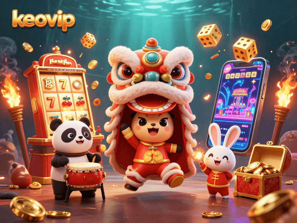 Experience the excitement of keovip with vibrant 3D casino illustrations featuring lively characters and jackpots.