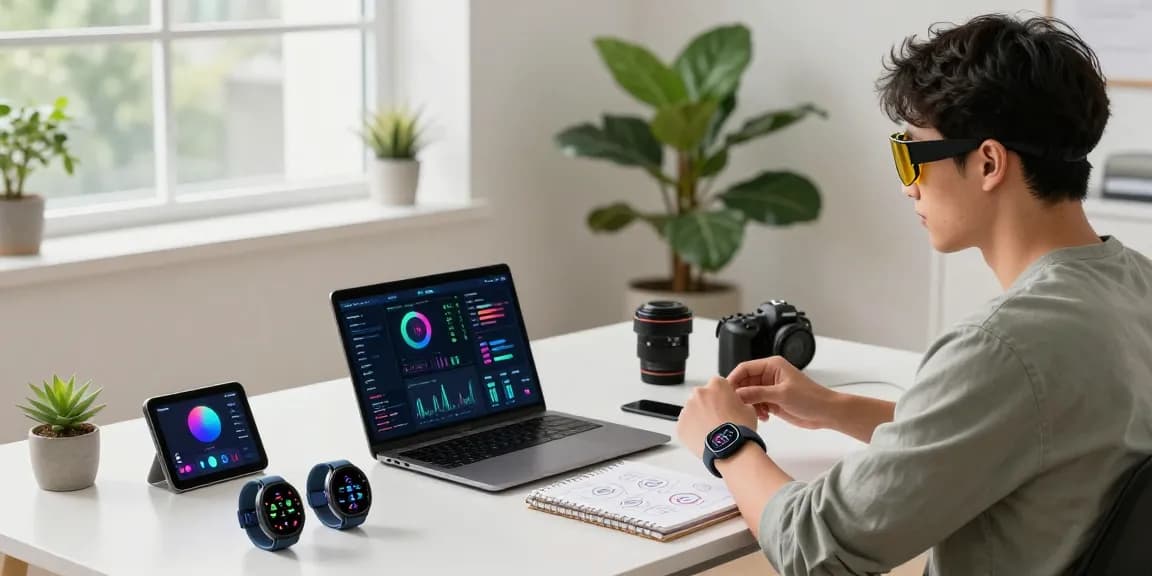 AI wearables showcased in a modern workspace with health metrics visible on screens, enhancing tech productivity.