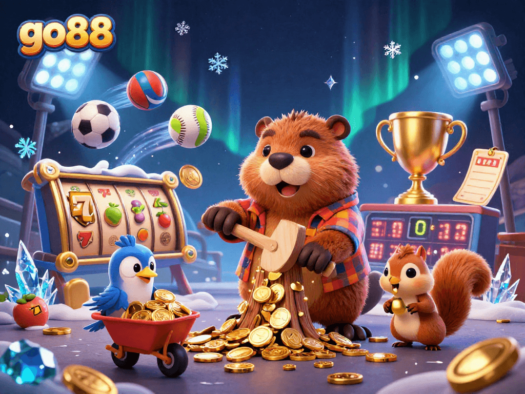 Experience go88's thrilling jackpots with playful characters in a vibrant casino scene.
