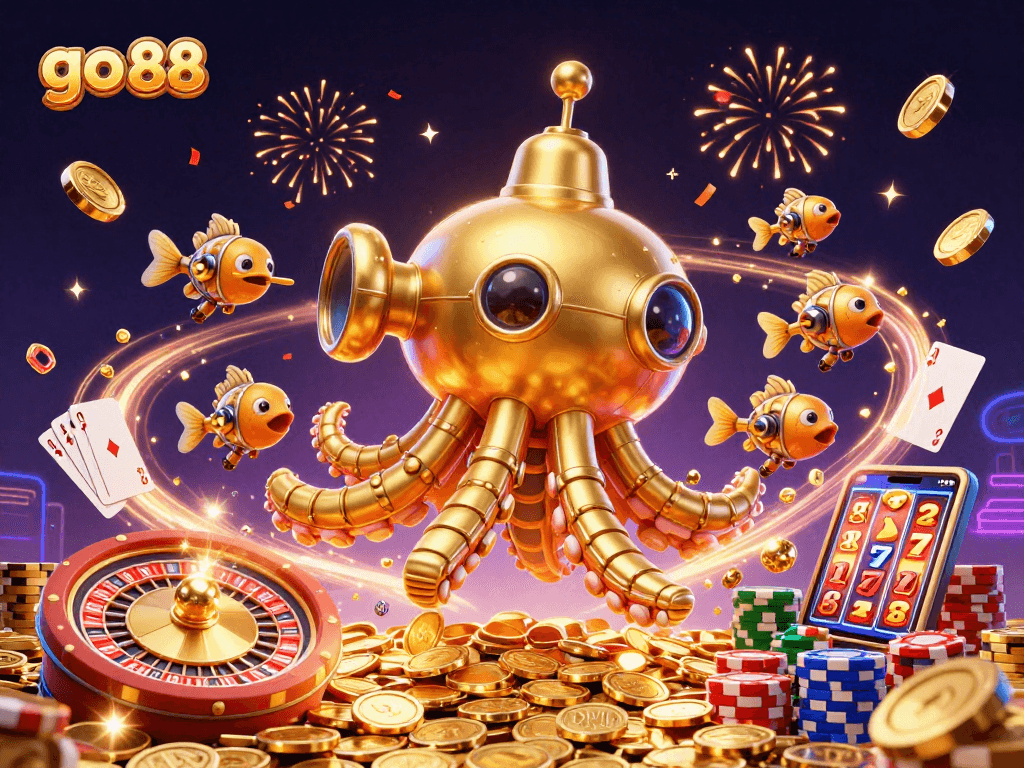 Join the thrilling action at go 88 with a golden kraken submarine amidst sparkling coins and dynamic game elements.