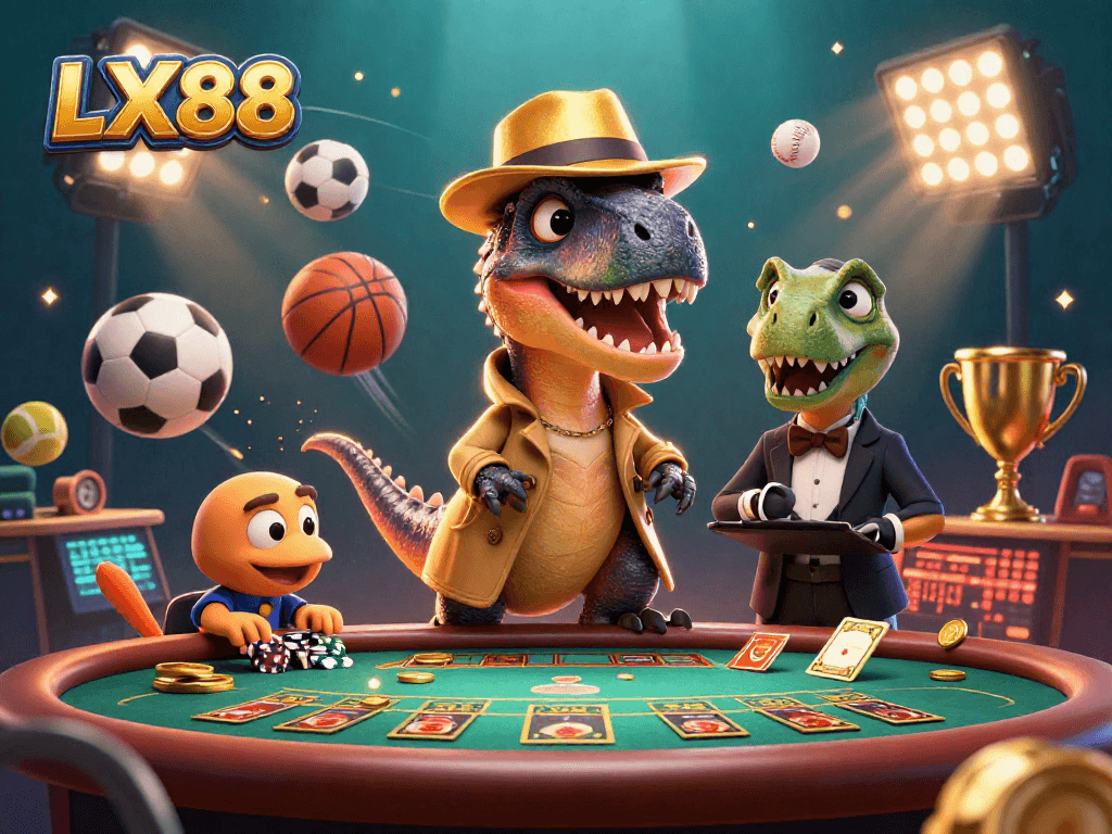 Experience action at LX88 with a velociraptor card counter amid lively games and dynamic sports elements.