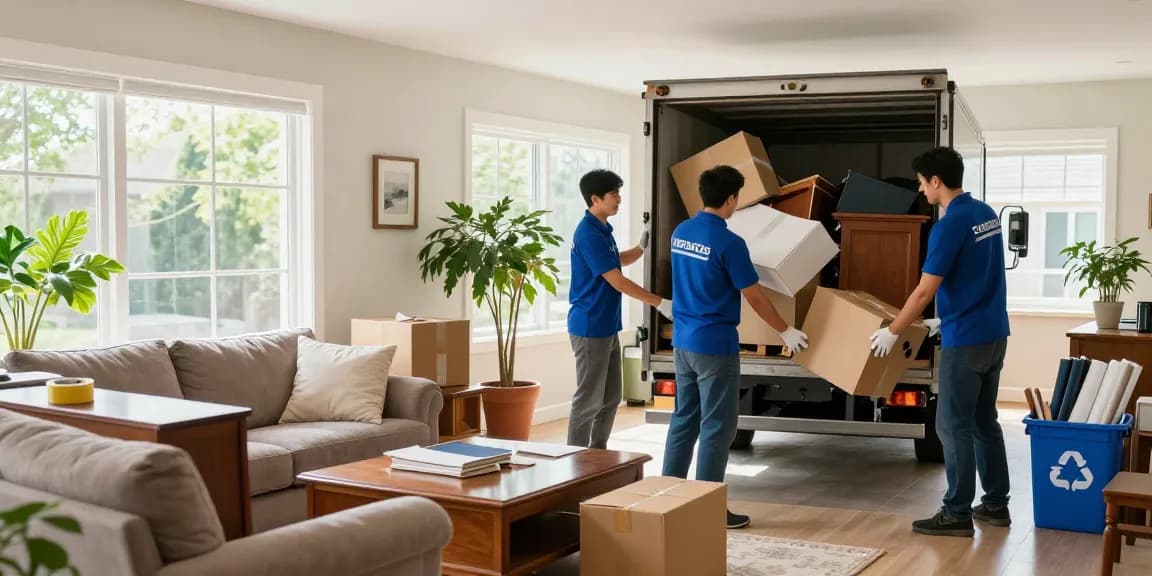 House clearance London team efficiently removing clutter and furniture in a bright living room during a professional service.