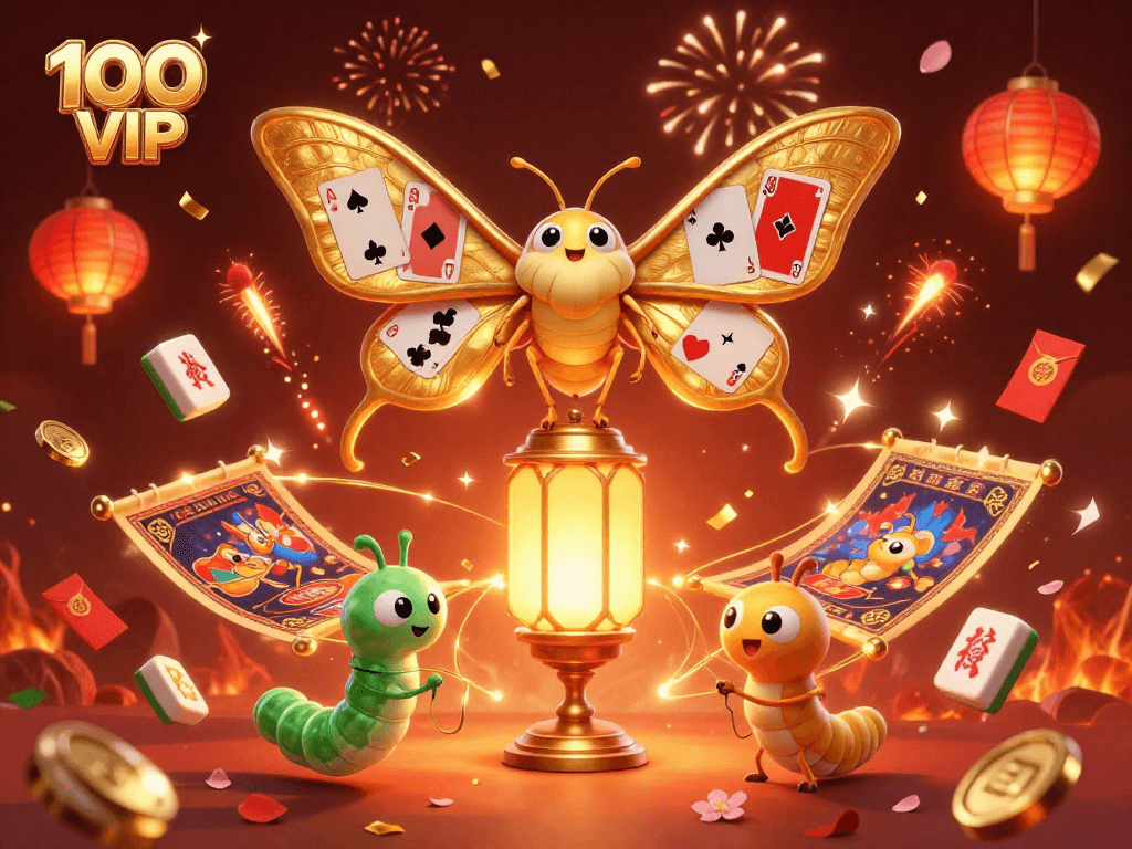 Engage with 100 VIP’s lively casino atmosphere featuring golden moths and festive elements of luck.