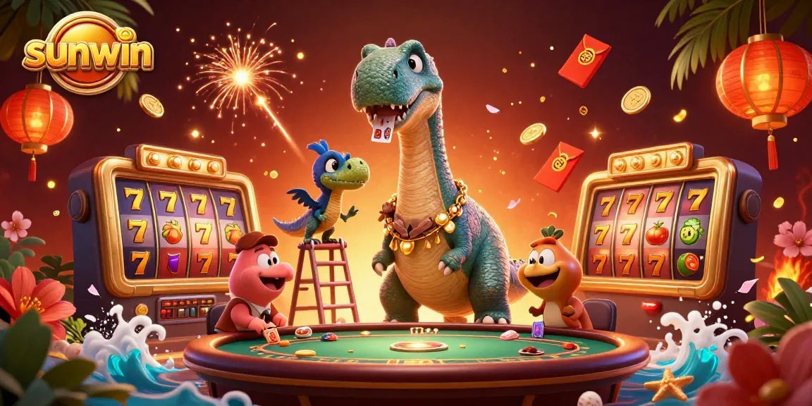 Experience the thrill of sunwin with a vibrant casino illustration featuring a brontosaurus and raptor.