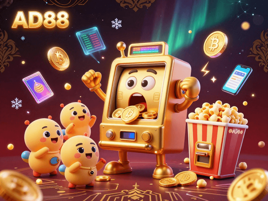 Experience jackpot excitement with AD88's golden slot machine and cheering helpers in a vibrant casino scene.