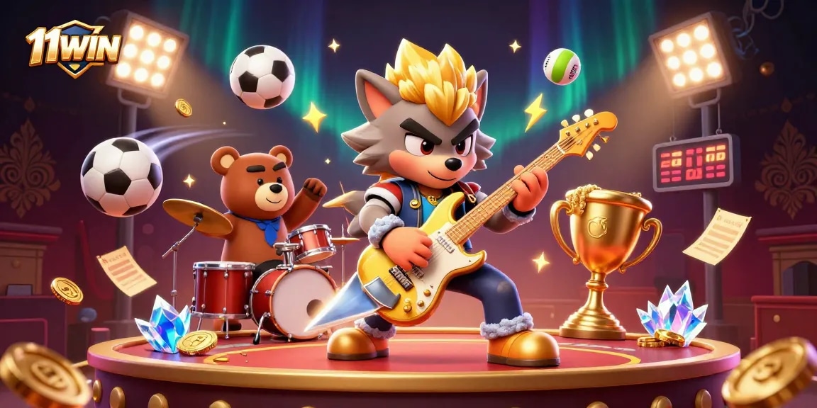 Experience the excitement of 11WIN with dynamic characters on a vibrant casino stage.