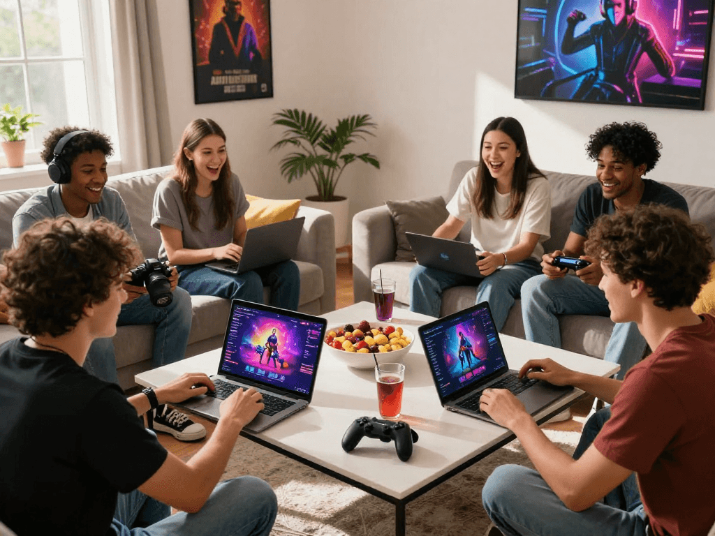 Excited gamers enjoying sex games together in a lively living room setting.