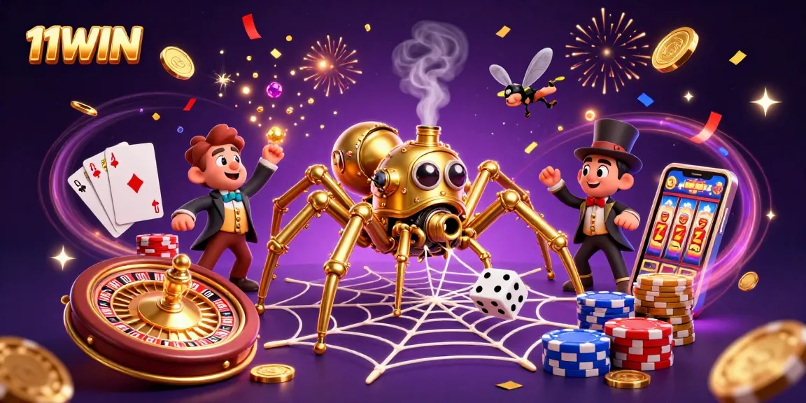 Experience 11WIN's thrilling gaming world, where a steampunk spider weaves fortune amidst casino excitement.
