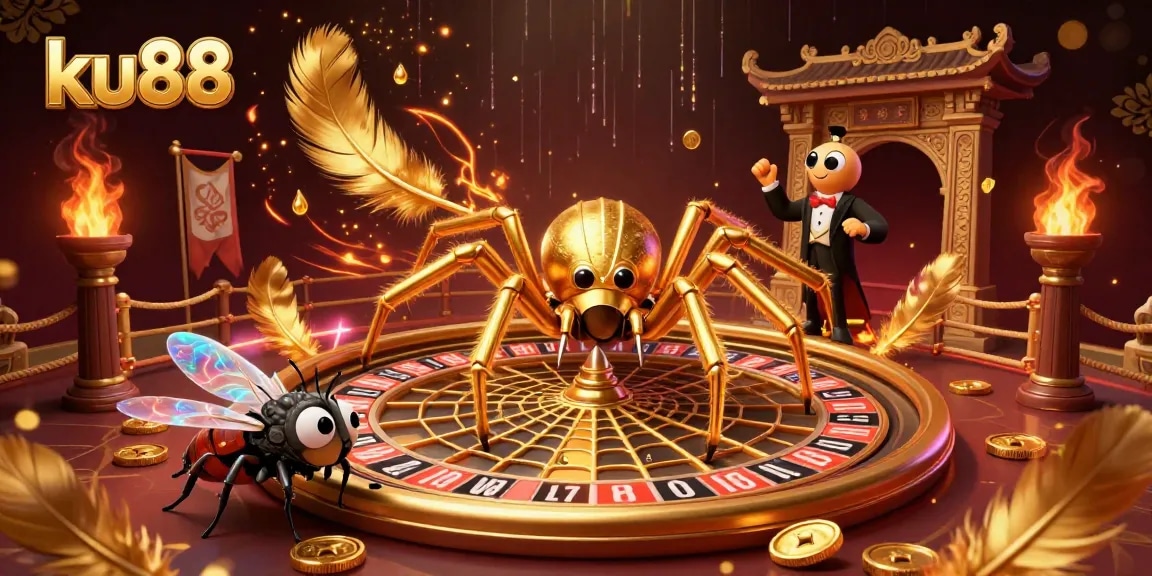 ku88 casino illustration featuring a golden spider with a roulette web, a fly placing bets, and a centipede croupier.