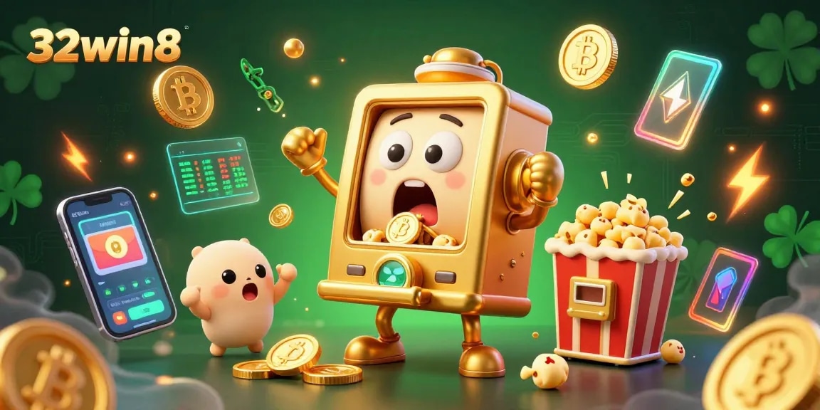 Experience the excitement at 32win8 with the golden slot machine celebrating its jackpot win and surrounded by digital coins and cheerful helpers.