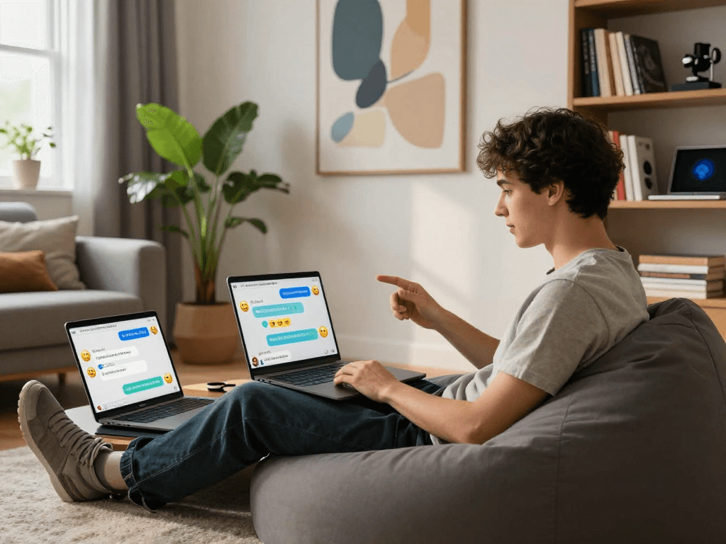 Engaging nsfw AI chat session in a cozy modern living room with vibrant decor.