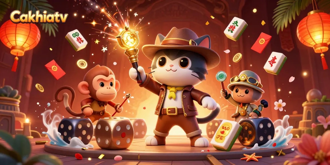 Cakhiatv showcases an explorer cat and monkey uncovering casino treasures in a rich, vibrant 3D scene.