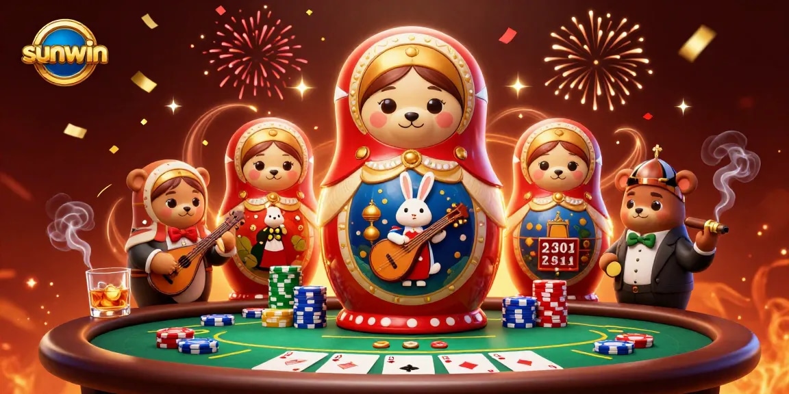 Engage with the vibrant sunwin scene showcasing iconic Russian dolls and casino elements.