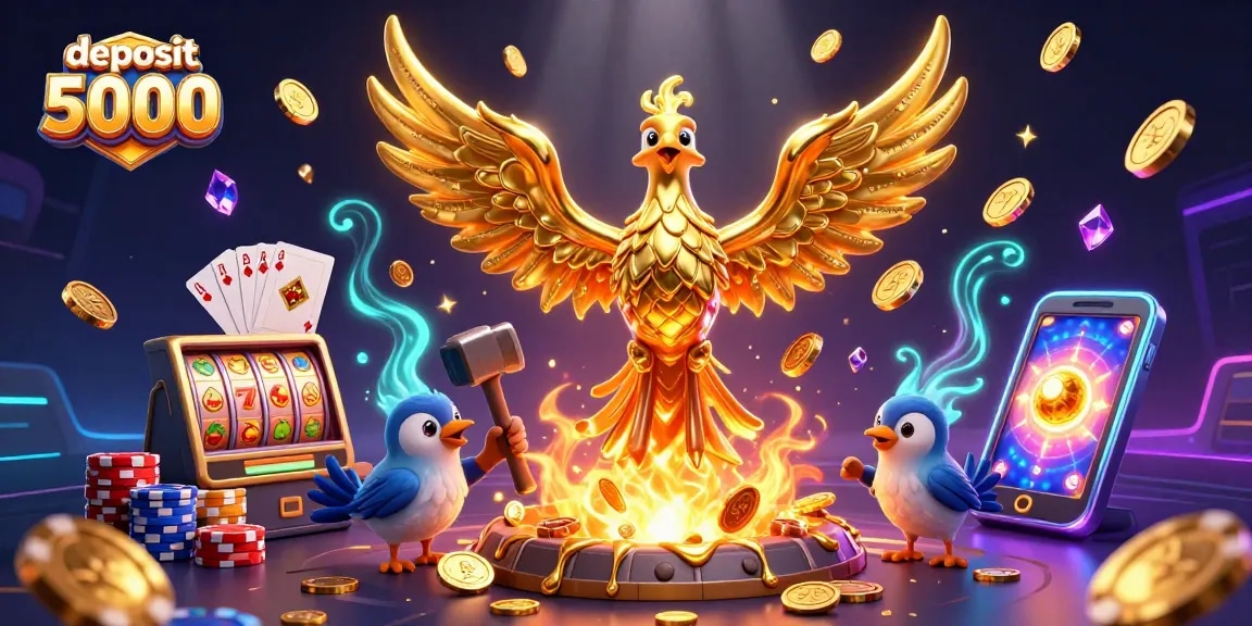 Engage with the deposit 5000 slots scene, featuring a molten gold phoenix, dynamic game elements, and 3D visuals.