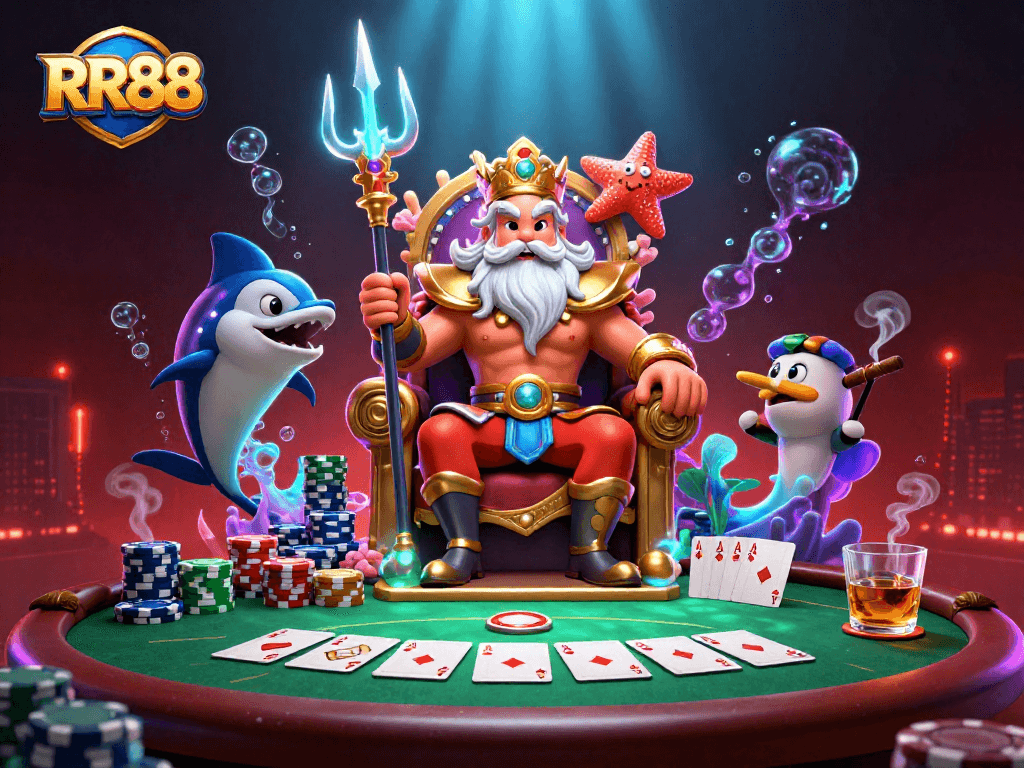 Experience the excitement of RR88 with Neptune and friends at the poker table full of vibrant game elements.
