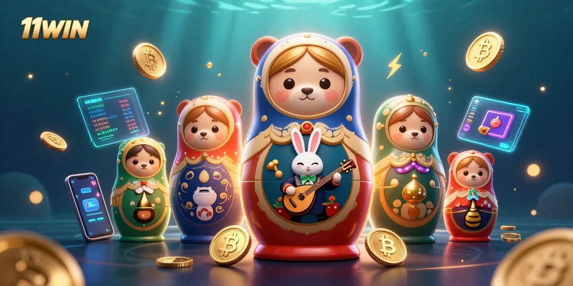 Play and win with 11WIN featuring a vibrant casino-themed 3D illustration.