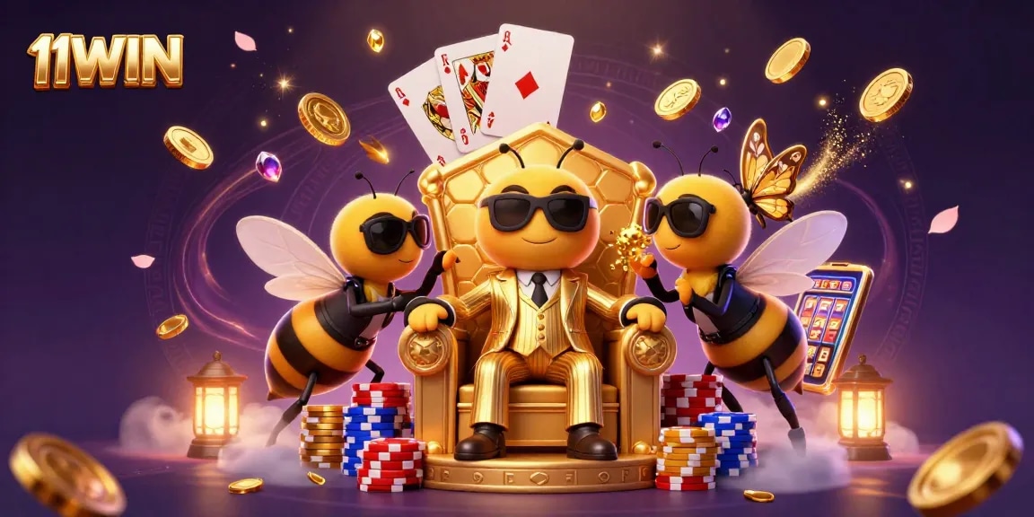 Win big at 11WIN with this vibrant, engaging casino scene featuring lively characters and gaming elements.