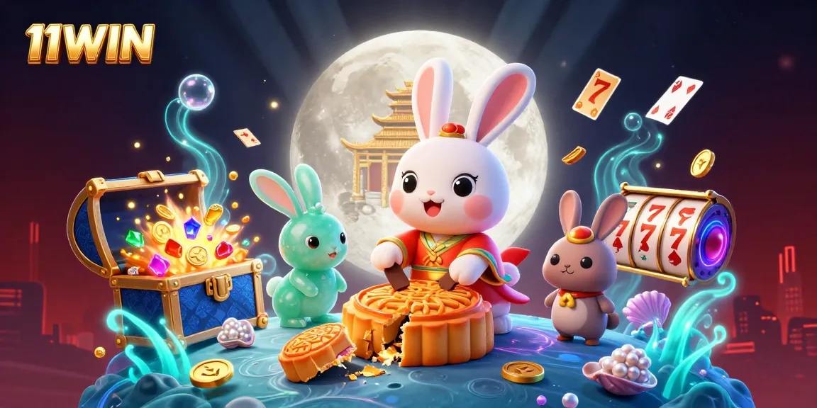 Experience 11WIN's vibrant casino adventure with a moon rabbit cracking open mooncakes revealing poker chips.