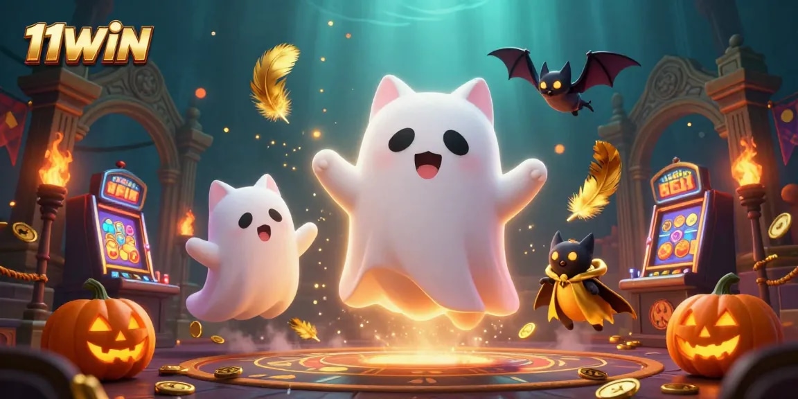 Engage with 11WIN's thrilling gaming adventure featuring a ghost cat and vampire bat.