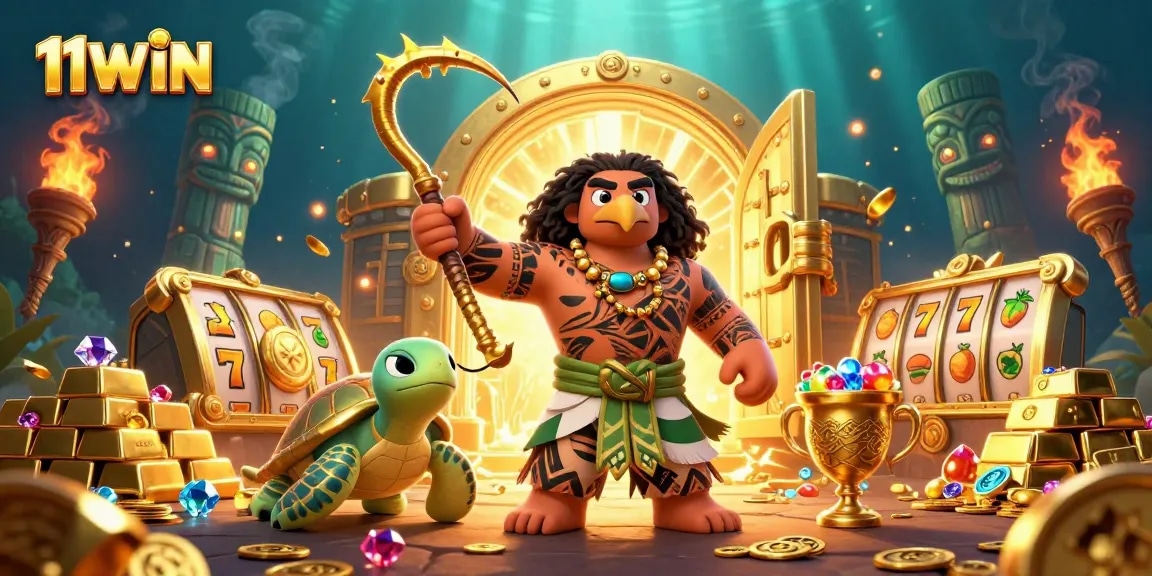 Engage with 11WIN's vibrant casino illustration, showcasing a demigod and treasures in a thrilling gaming atmosphere.