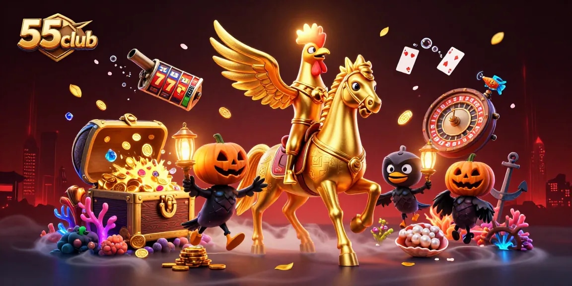 Experience the thrills of 55club with a vibrant casino scene featuring a golden rooster riding a spectral horse.