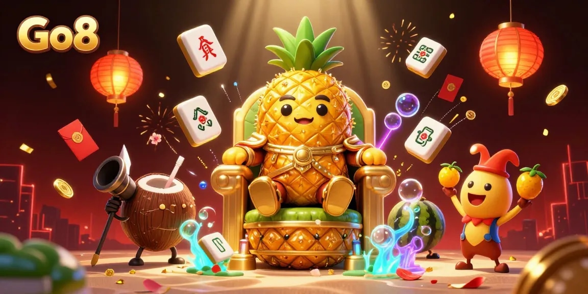Experience Go8's exciting gaming atmosphere with a golden pineapple king reigning in a colorful casino scene.