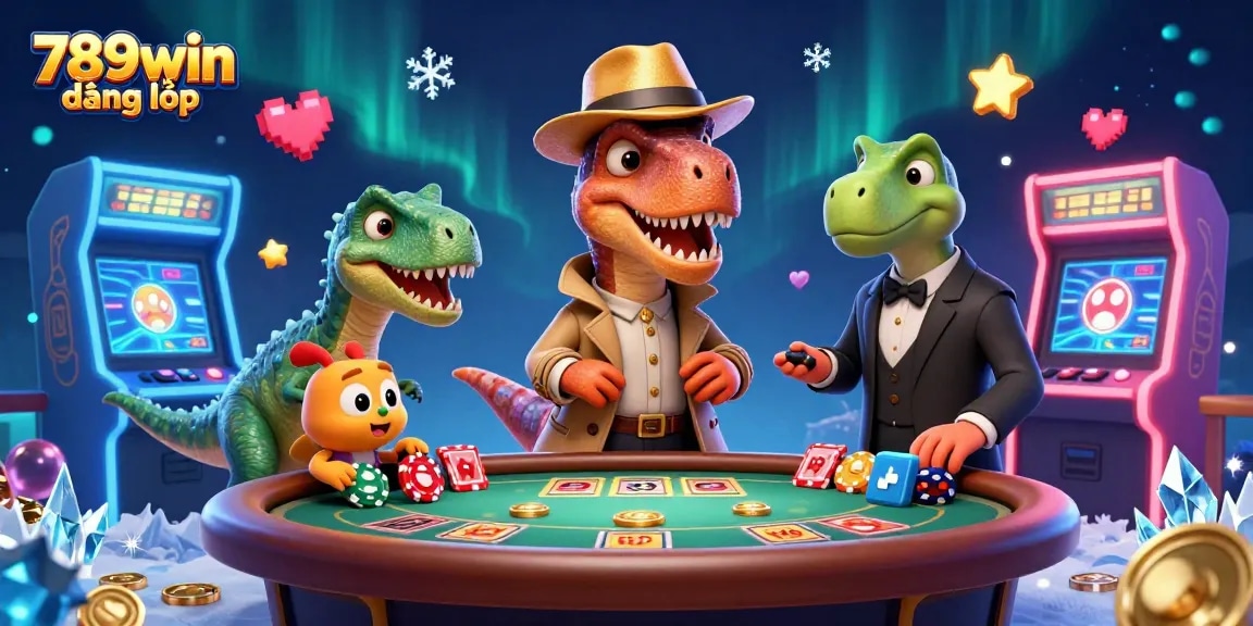 Dynamic blackjack scene featuring a velociraptor card counter and a stegosaurus pit boss, highlighting 789win đăng nhập.