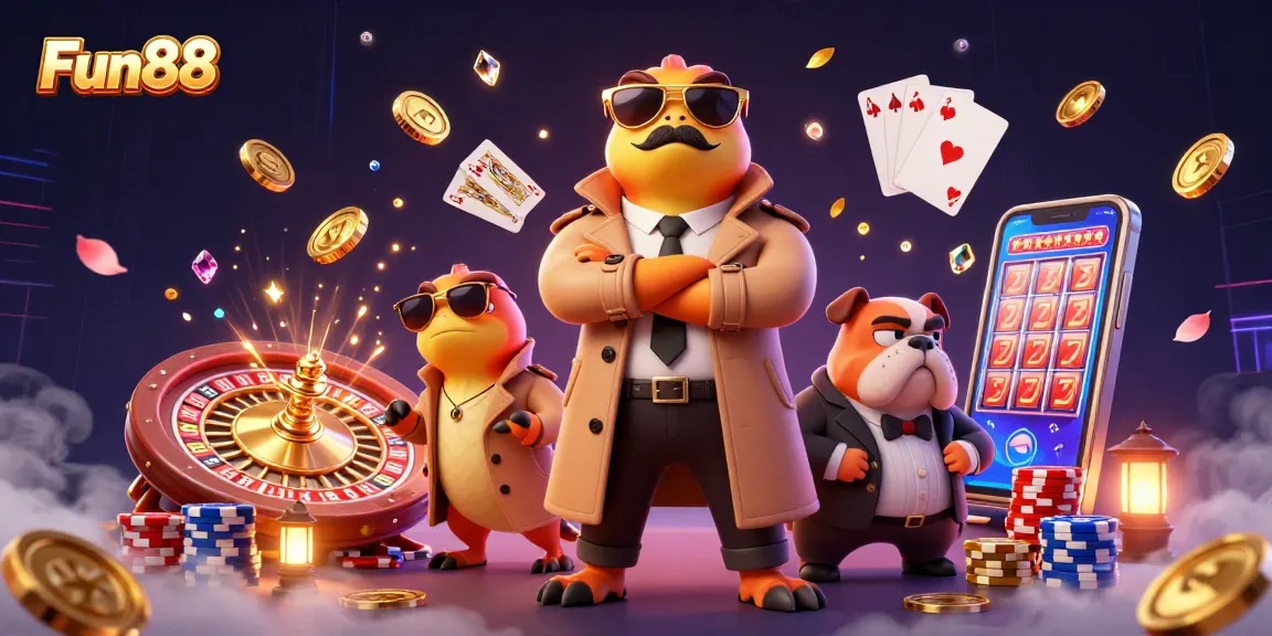 Experience the thrill of Fun88 with three raptors in disguise entering a VIP casino lounge.