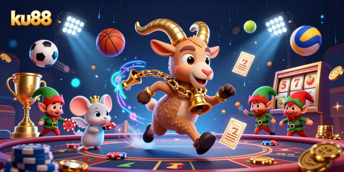 ku88 casino scene with Krampus and an angel mouse amidst festive chaos for players