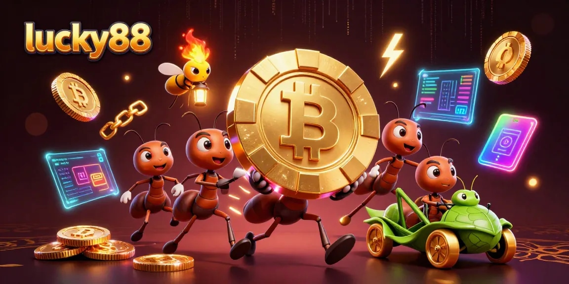 Engage with lucky88 by witnessing ants carrying a giant poker chip in a vibrant casino heist scene.