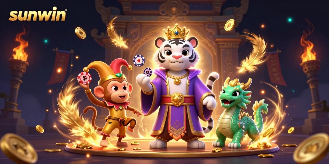 Join the fun at sunwin with a playful jester monkey and elegant tiger in a vibrant casino scene.