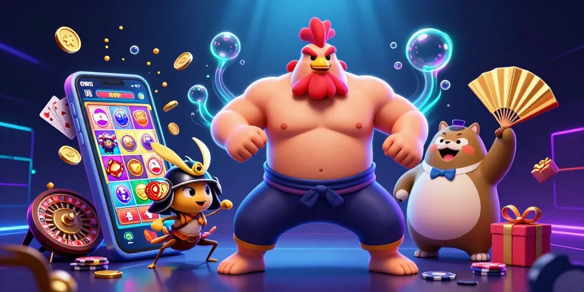 Join the excitement with 11WIN's thrilling 3D illustration of a powerful sumo rooster amidst a vibrant gaming scene.