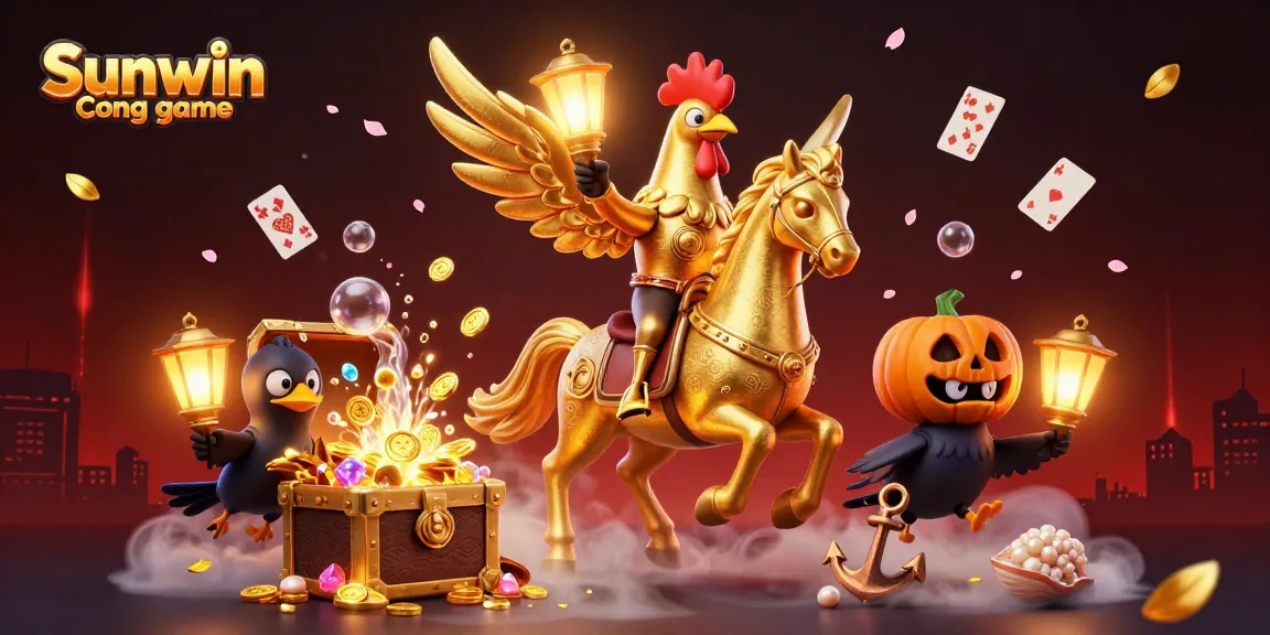 Engage with the Sunwin Cong game as a golden rooster takes flight in a vibrant casino scene.