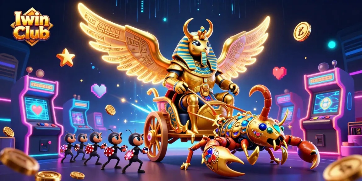 Iwin Club features an engaging 3D gaming scene with a golden scarab, casino elements, and poker excitement.
