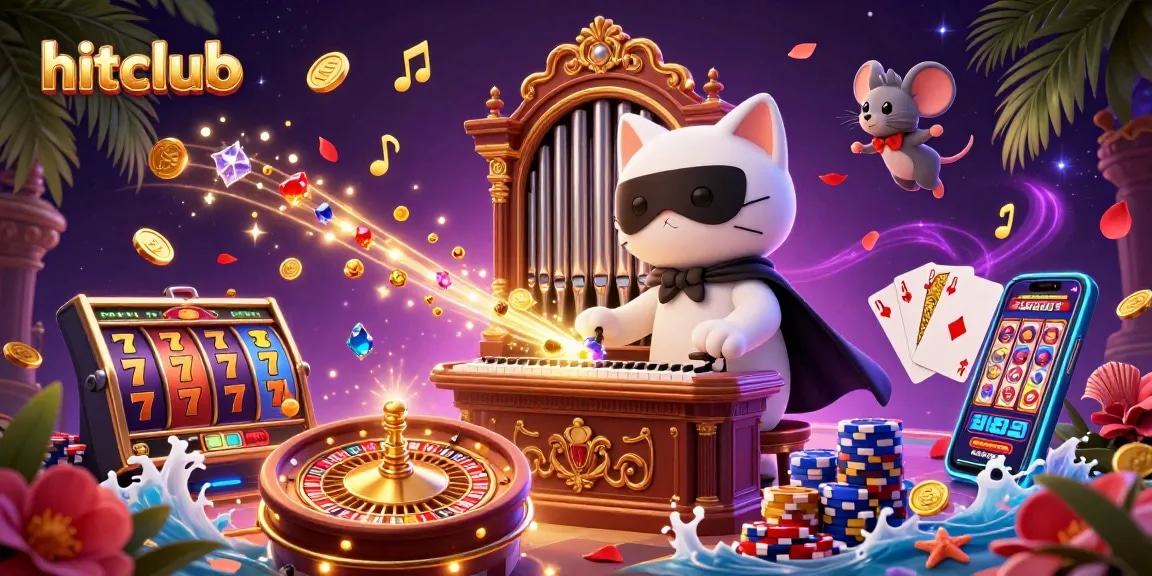 Engage with hitclub: dynamic 3D casino scene with a white cat at a pipe organ and slot reels.