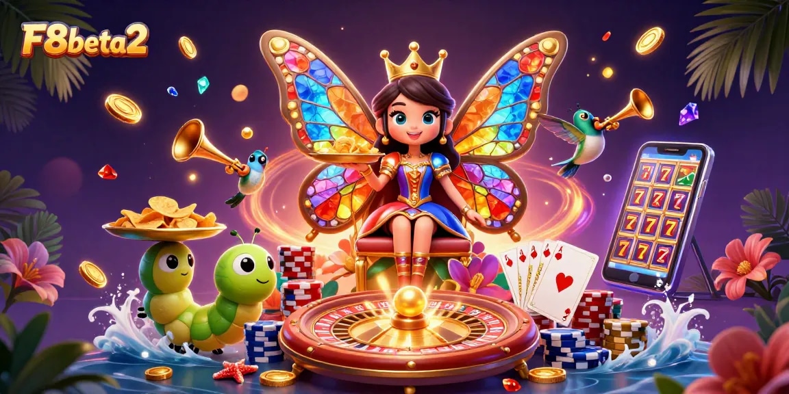 Spin and win with F8beta2 as shimmering coins cascade around a majestic butterfly queen in vibrant casino art.