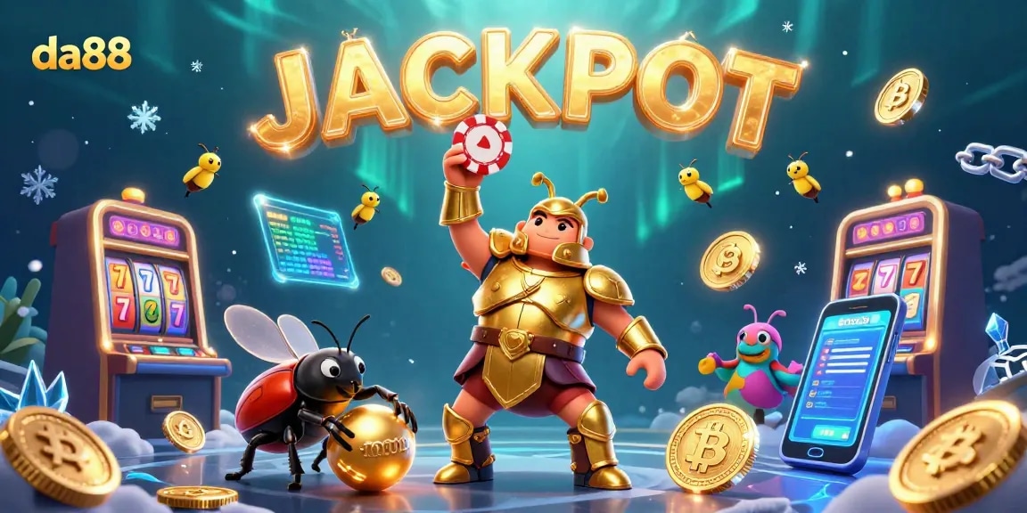 Engage with da88 through an exciting victory scene featuring a heroic beetle and a jackpot celebration.