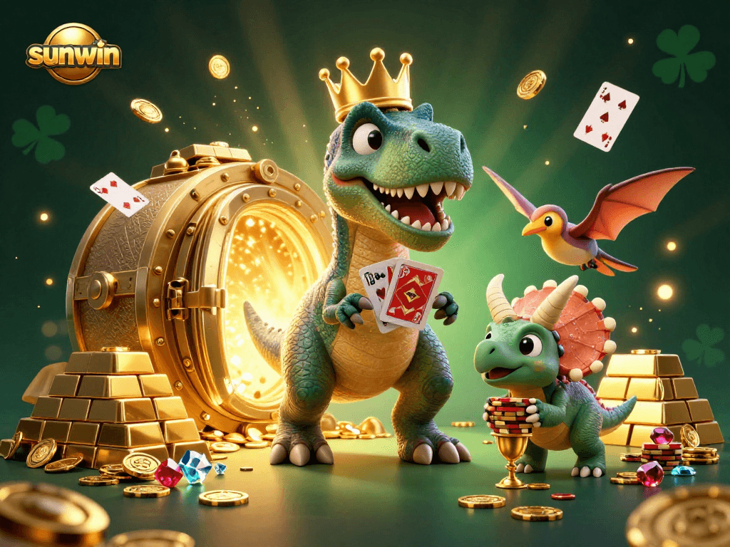 Experience thrilling games with sunwin's vibrant characters shuffling cards and stacking chips.