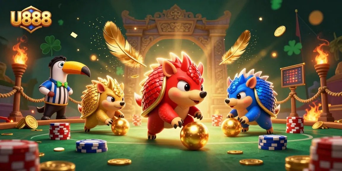 Experience U888 with pangolins bowling through poker chips in a vibrant casino scene.