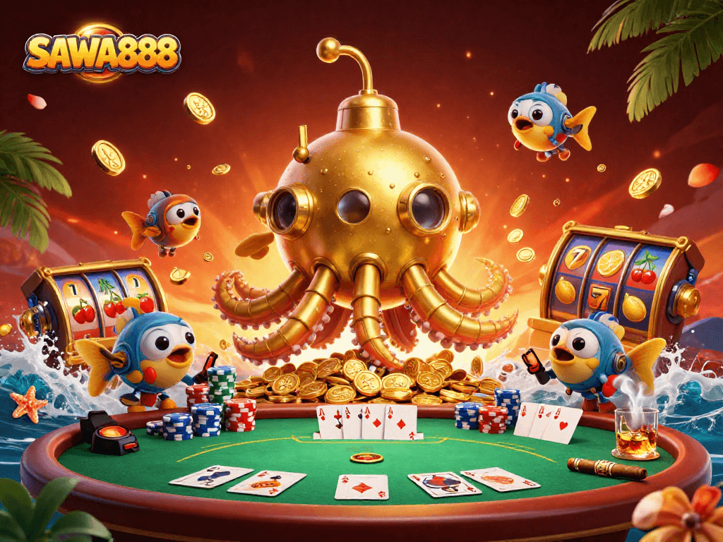 Engage with the vibrant gameplay of SAWA888's thrilling casino scene featuring a golden kraken amidst animated slot reels.