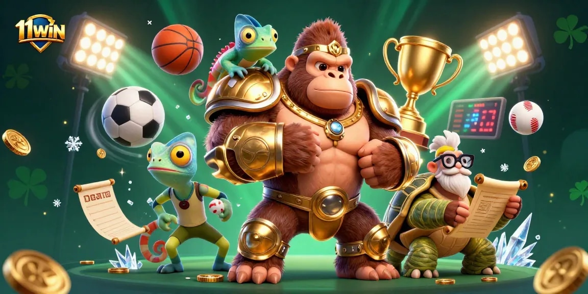 Experience thrilling sports betting action with the engaging 11WIN mascot trio, showcasing vibrant gameplay elements.