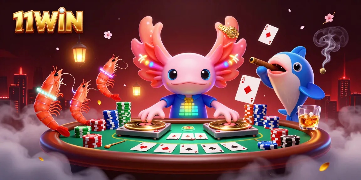 Experience thrilling gaming with 11WIN featuring vibrant axolotl characters and dynamic poker action.