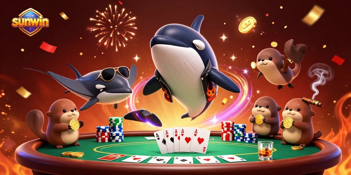 sunwin highlights thrilling poker action with an orca, stingray, and otters in a vibrant casino scene.