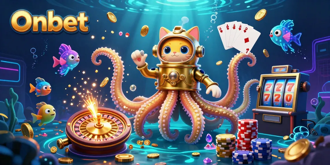 Explore the vibrant world of Onbet with a kraken, diving cat, and casino treasures.