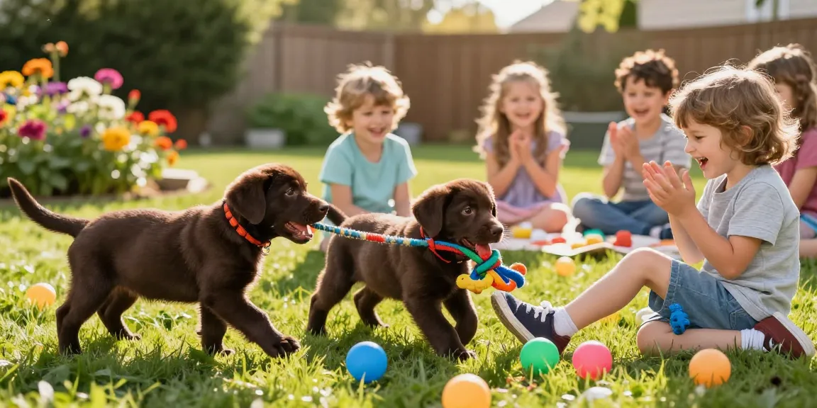 Chocolate labrador puppies playing with children in a sunny backyard filled with toys, creating a joyful family moment.