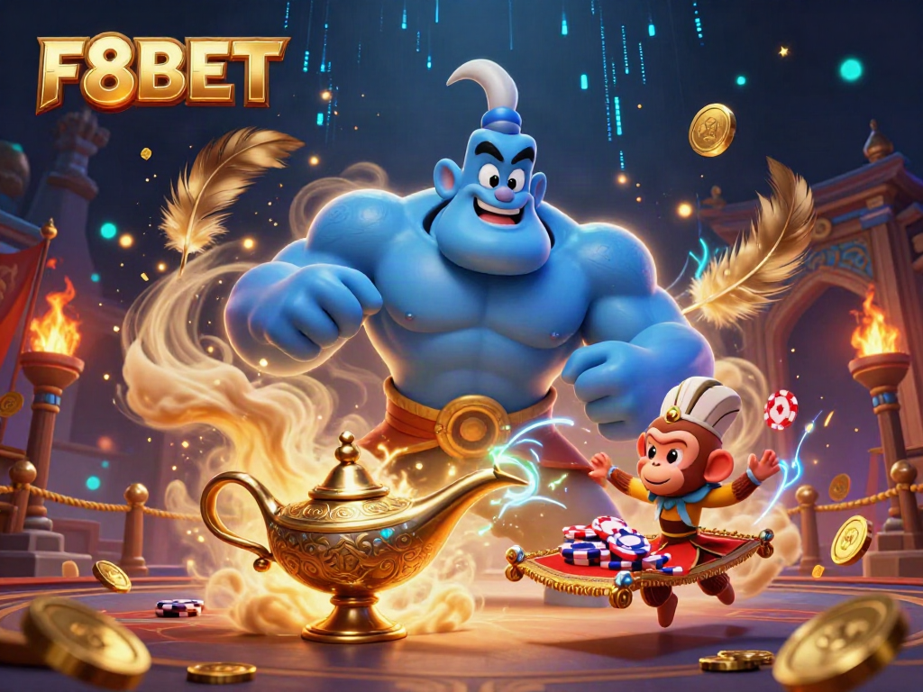 F8BET offers a dynamic casino experience with a vibrant genie, monkey, and magic carpet scene.