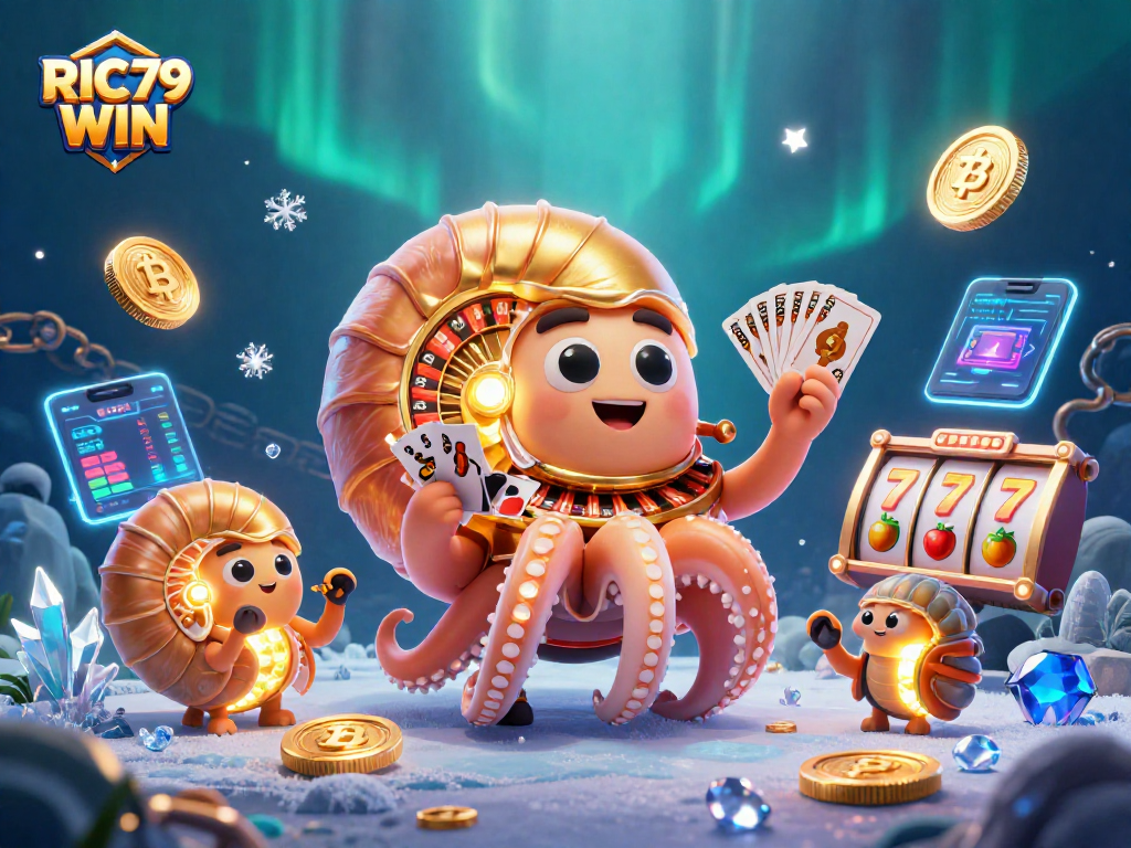 Experience RIC79 WIN with an ultra-detailed 3D illustration showcasing casino excitement and crypto elements.