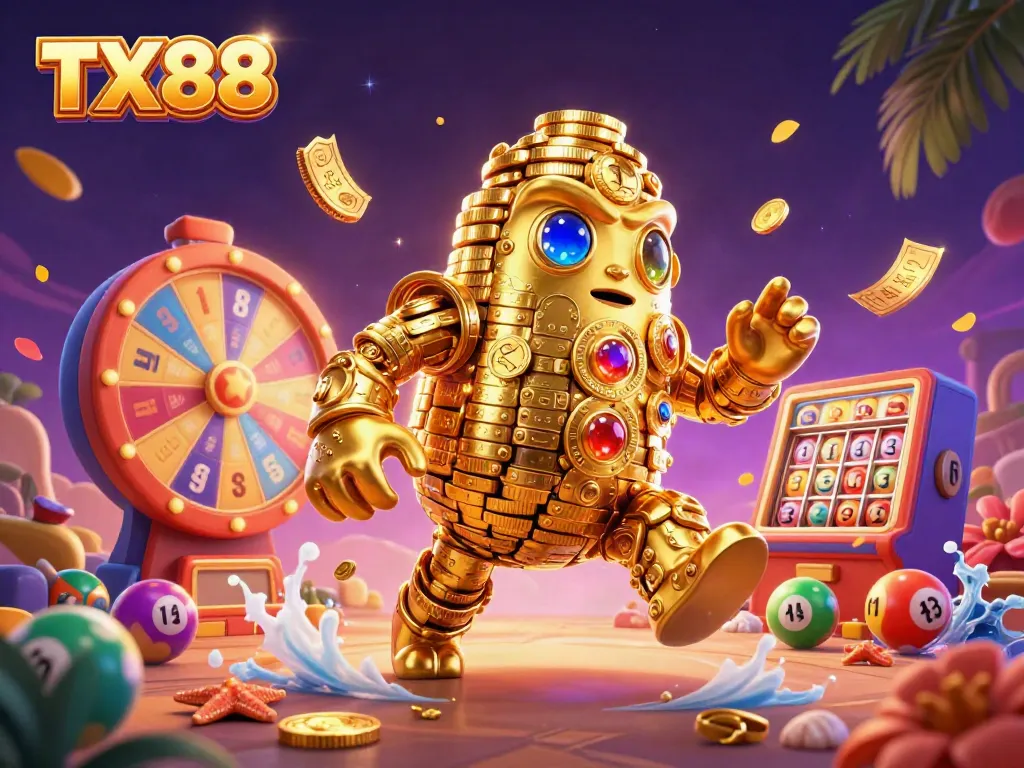 TX88 brings gaming excitement with a vibrant, 3D illustration featuring a golden golem, lottery balls, and dynamic casino elements.