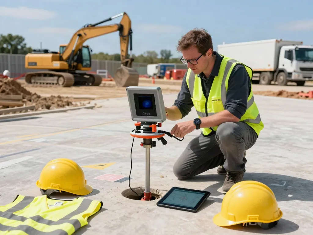 Utility Survey Surrey in action with a surveyor using GPR at a construction site.