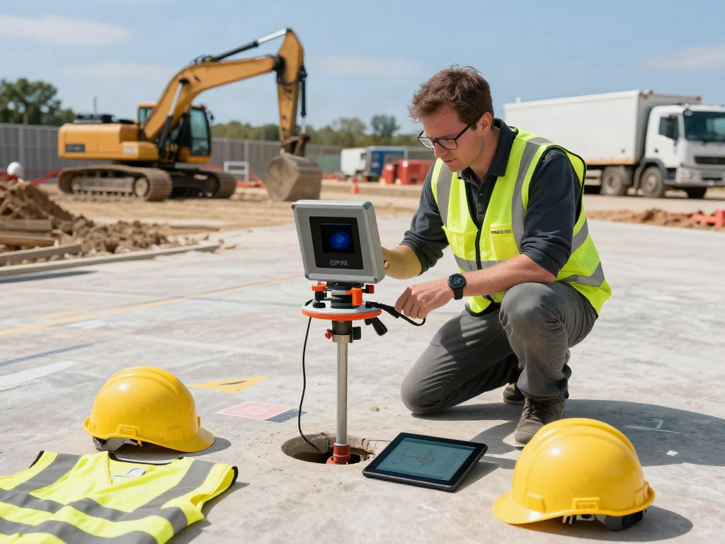 Utility Survey Surrey in action with a surveyor using GPR at a construction site.